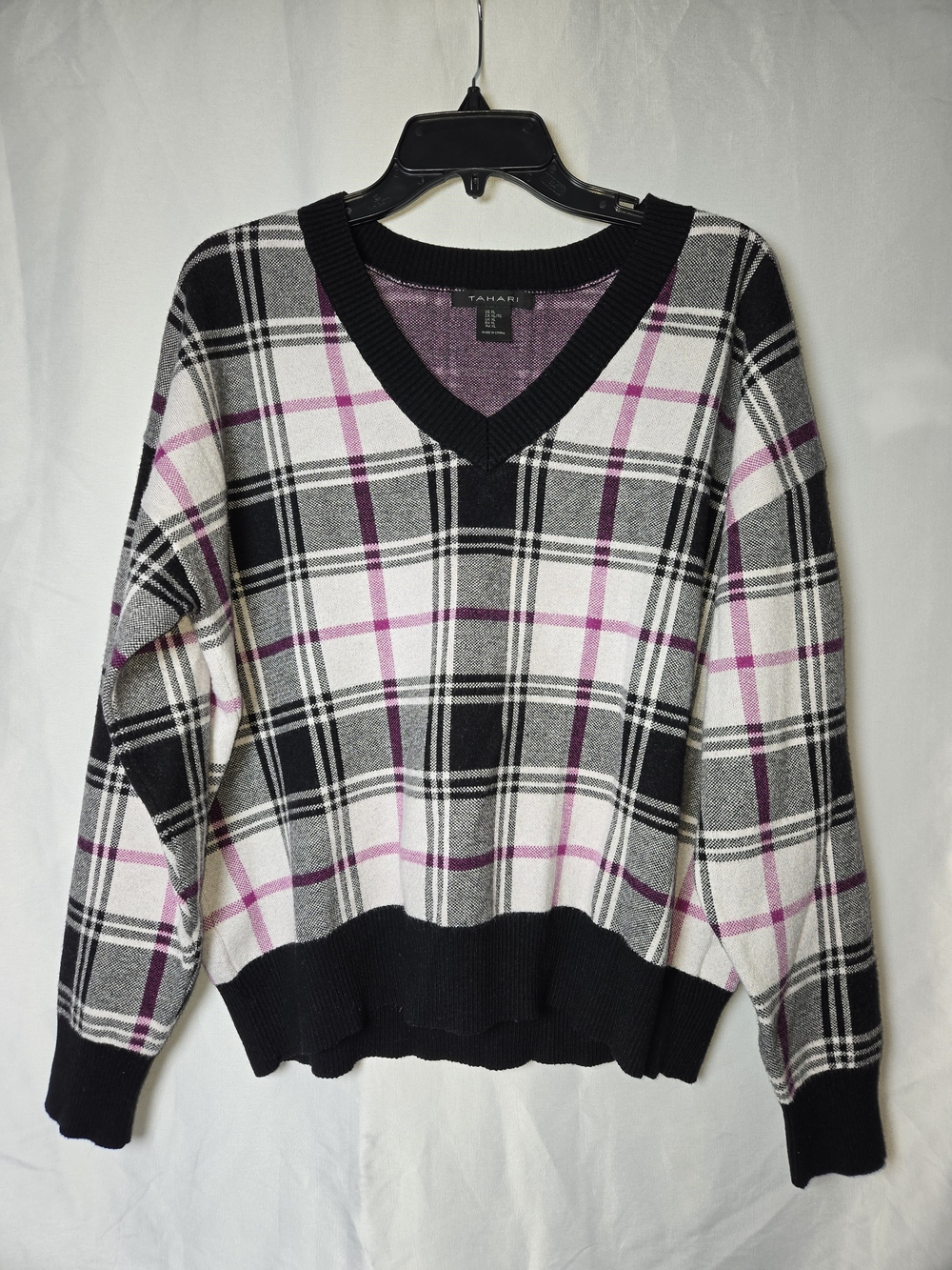 Tahari Black, White & Purple Plaid V-Neck Sweater